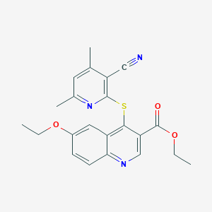 molecular formula C22H21N3O3S B502899 Ethyl 4-[(3-cyano-4,6-dimethyl-2-pyridinyl)sulfanyl]-6-ethoxy-3-quinolinecarboxylate 