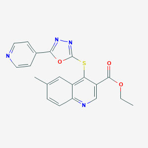 molecular formula C20H16N4O3S B502901 Ethyl 6-methyl-4-{[5-(4-pyridinyl)-1,3,4-oxadiazol-2-yl]sulfanyl}-3-quinolinecarboxylate 