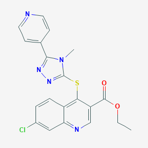 molecular formula C20H16ClN5O2S B502905 ethyl 7-chloro-4-{[4-methyl-5-(4-pyridinyl)-4H-1,2,4-triazol-3-yl]sulfanyl}-3-quinolinecarboxylate 