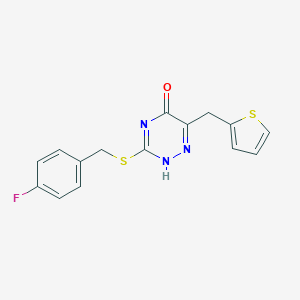 molecular formula C15H12FN3OS2 B502921 3-[(4-fluorophenyl)methylsulfanyl]-6-(thiophen-2-ylmethyl)-2H-1,2,4-triazin-5-one 