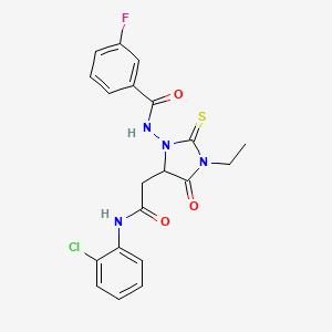 molecular formula C20H18ClFN4O3S B5030800 N-(5-{2-[(2-chlorophenyl)amino]-2-oxoethyl}-3-ethyl-4-oxo-2-thioxo-1-imidazolidinyl)-3-fluorobenzamide 