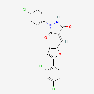 molecular formula C20H11Cl3N2O3 B5031240 1-(4-chlorophenyl)-4-{[5-(2,4-dichlorophenyl)-2-furyl]methylene}-3,5-pyrazolidinedione 