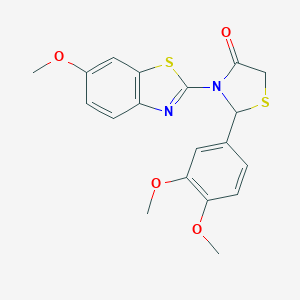 molecular formula C19H18N2O4S2 B503154 2-(3,4-Dimethoxyphenyl)-3-(6-methoxy-1,3-benzothiazol-2-yl)-1,3-thiazolidin-4-one 
