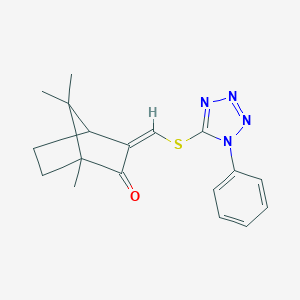 molecular formula C18H20N4OS B503251 1,7,7-trimethyl-3-{[(1-phenyl-1H-tetraazol-5-yl)sulfanyl]methylene}bicyclo[2.2.1]heptan-2-one 