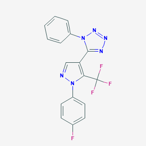 molecular formula C17H10F4N6 B503260 5-[1-(4-fluorophenyl)-5-(trifluoromethyl)-1H-pyrazol-4-yl]-1-phenyl-1H-tetraazole 