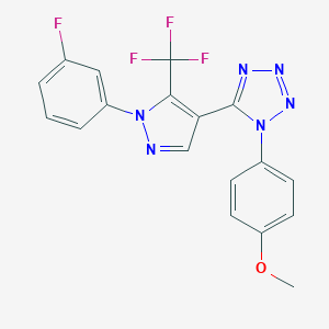 molecular formula C18H12F4N6O B503287 5-[1-(3-fluorophenyl)-5-(trifluoromethyl)-1H-pyrazol-4-yl]-1-(4-methoxyphenyl)-1H-tetraazole 
