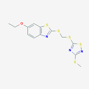 molecular formula C13H13N3OS5 B503288 Ethyl 2-[({[3-(methylsulfanyl)-1,2,4-thiadiazol-5-yl]sulfanyl}methyl)sulfanyl]-1,3-benzothiazol-6-yl ether 
