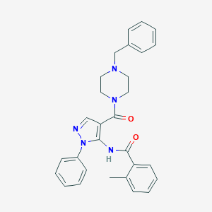 molecular formula C29H29N5O2 B503328 N-{4-[(4-benzylpiperazin-1-yl)carbonyl]-1-phenyl-1H-pyrazol-5-yl}-2-methylbenzamide 