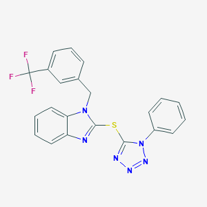 molecular formula C22H15F3N6S B503341 2-[(1-phenyl-1H-tetraazol-5-yl)sulfanyl]-1-[3-(trifluoromethyl)benzyl]-1H-benzimidazole 