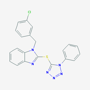 molecular formula C21H15ClN6S B503342 1-(3-chlorobenzyl)-2-[(1-phenyl-1H-tetraazol-5-yl)sulfanyl]-1H-benzimidazole 