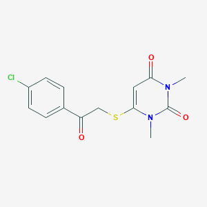 molecular formula C14H13ClN2O3S B503431 6-{[2-(4-chlorophenyl)-2-oxoethyl]sulfanyl}-1,3-dimethyl-2,4(1H,3H)-pyrimidinedione 