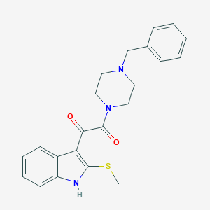 molecular formula C22H23N3O2S B503500 2-(4-benzyl-1-piperazinyl)-1-[2-(methylsulfanyl)-1H-indol-3-yl]-2-oxoethanone 