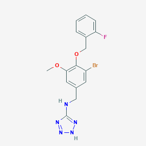 molecular formula C16H15BrFN5O2 B503613 N-{3-bromo-4-[(2-fluorobenzyl)oxy]-5-methoxybenzyl}-N-(2H-tetraazol-5-yl)amine 
