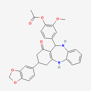 molecular formula C29H26N2O6 B5037152 4-[3-(1,3-benzodioxol-5-yl)-1-oxo-2,3,4,5,10,11-hexahydro-1H-dibenzo[b,e][1,4]diazepin-11-yl]-2-methoxyphenyl acetate 