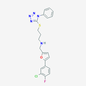 molecular formula C21H19ClFN5OS B503926 N-{[5-(3-chloro-4-fluorophenyl)-2-furyl]methyl}-N-{3-[(1-phenyl-1H-tetraazol-5-yl)sulfanyl]propyl}amine 