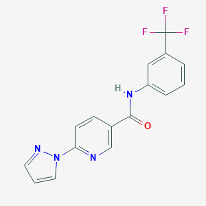 molecular formula C16H11F3N4O B504113 6-(1H-pyrazol-1-yl)-N-[3-(trifluoromethyl)phenyl]nicotinamide CAS No. 400078-66-2