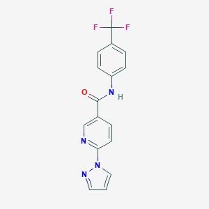 molecular formula C16H11F3N4O B504126 6-(1H-pyrazol-1-yl)-N-[4-(trifluoromethyl)phenyl]nicotinamide 