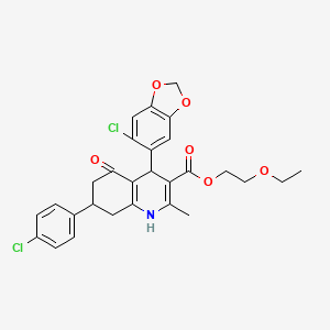 molecular formula C28H27Cl2NO6 B5041518 2-Ethoxyethyl 4-(6-chloro-1,3-benzodioxol-5-yl)-7-(4-chlorophenyl)-2-methyl-5-oxo-1,4,5,6,7,8-hexahydroquinoline-3-carboxylate 