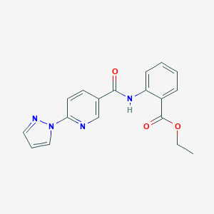 molecular formula C18H16N4O3 B504162 ethyl 2-({[6-(1H-pyrazol-1-yl)-3-pyridinyl]carbonyl}amino)benzoate 