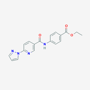 molecular formula C18H16N4O3 B504163 ethyl 4-({[6-(1H-pyrazol-1-yl)-3-pyridinyl]carbonyl}amino)benzoate CAS No. 957499-37-5