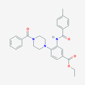 molecular formula C28H29N3O4 B504320 Ethyl 4-(4-benzoyl-1-piperazinyl)-3-[(4-methylbenzoyl)amino]benzoate 