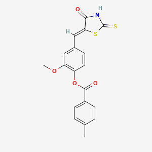 molecular formula C19H15NO4S2 B5043210 2-methoxy-4-[(4-oxo-2-thioxo-1,3-thiazolidin-5-ylidene)methyl]phenyl 4-methylbenzoate 