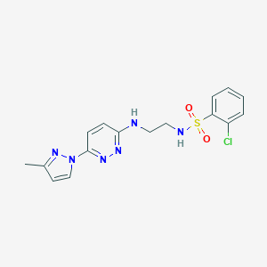 molecular formula C16H17ClN6O2S B504353 2-chloro-N-(2-((6-(3-methyl-1H-pyrazol-1-yl)pyridazin-3-yl)amino)ethyl)benzenesulfonamide 