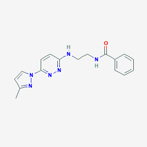 molecular formula C17H18N6O B504368 N-(2-((6-(3-methyl-1H-pyrazol-1-yl)pyridazin-3-yl)amino)ethyl)benzamide 