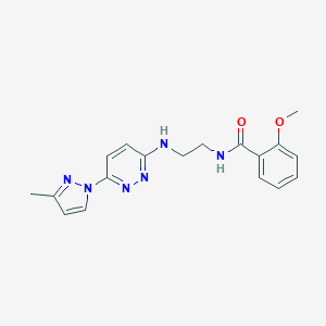molecular formula C18H20N6O2 B504369 2-methoxy-N-(2-((6-(3-methyl-1H-pyrazol-1-yl)pyridazin-3-yl)amino)ethyl)benzamide 