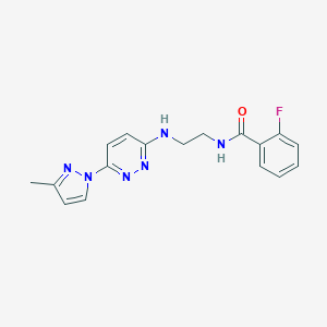 molecular formula C17H17FN6O B504374 2-fluoro-N-(2-((6-(3-methyl-1H-pyrazol-1-yl)pyridazin-3-yl)amino)ethyl)benzamide 