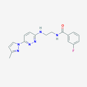 molecular formula C17H17FN6O B504375 3-fluoro-N-(2-((6-(3-methyl-1H-pyrazol-1-yl)pyridazin-3-yl)amino)ethyl)benzamide 