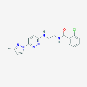 molecular formula C17H17ClN6O B504377 2-chloro-N-(2-((6-(3-methyl-1H-pyrazol-1-yl)pyridazin-3-yl)amino)ethyl)benzamide 