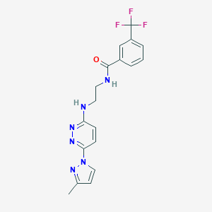 molecular formula C18H17F3N6O B504379 N-(2-((6-(3-methyl-1H-pyrazol-1-yl)pyridazin-3-yl)amino)ethyl)-3-(trifluoromethyl)benzamide 