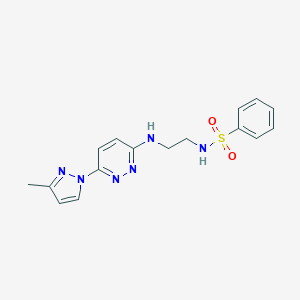 molecular formula C16H18N6O2S B504386 N-(2-((6-(3-methyl-1H-pyrazol-1-yl)pyridazin-3-yl)amino)ethyl)benzenesulfonamide 