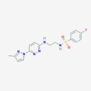 molecular formula C16H17FN6O2S B504388 4-fluoro-N-(2-((6-(3-methyl-1H-pyrazol-1-yl)pyridazin-3-yl)amino)ethyl)benzenesulfonamide 