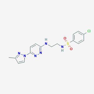 molecular formula C16H17ClN6O2S B504390 4-chloro-N-(2-((6-(3-methyl-1H-pyrazol-1-yl)pyridazin-3-yl)amino)ethyl)benzenesulfonamide 