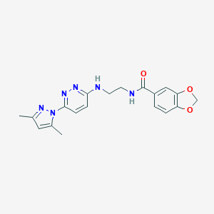 molecular formula C19H20N6O3 B504392 N-(2-((6-(3,5-dimethyl-1H-pyrazol-1-yl)pyridazin-3-yl)amino)ethyl)benzo[d][1,3]dioxole-5-carboxamide 