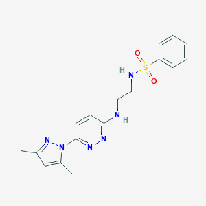molecular formula C17H20N6O2S B504396 N-(2-((6-(3,5-dimethyl-1H-pyrazol-1-yl)pyridazin-3-yl)amino)ethyl)benzenesulfonamide 