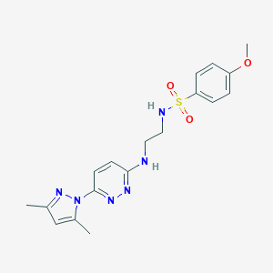 molecular formula C18H22N6O3S B504398 N-(2-((6-(3,5-dimethyl-1H-pyrazol-1-yl)pyridazin-3-yl)amino)ethyl)-4-methoxybenzenesulfonamide 