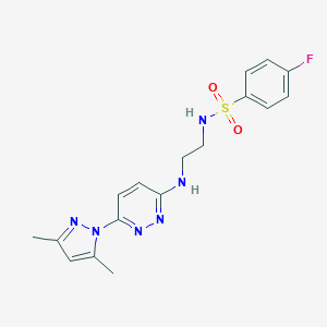 molecular formula C17H19FN6O2S B504401 N-(2-((6-(3,5-dimethyl-1H-pyrazol-1-yl)pyridazin-3-yl)amino)ethyl)-4-fluorobenzenesulfonamide 