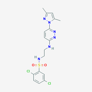 molecular formula C17H18Cl2N6O2S B504405 2,5-dichloro-N-(2-((6-(3,5-dimethyl-1H-pyrazol-1-yl)pyridazin-3-yl)amino)ethyl)benzenesulfonamide 