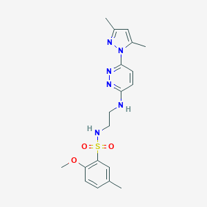 molecular formula C19H24N6O3S B504408 N-(2-((6-(3,5-dimethyl-1H-pyrazol-1-yl)pyridazin-3-yl)amino)ethyl)-2-methoxy-5-methylbenzenesulfonamide 