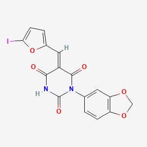 molecular formula C16H9IN2O6 B5044116 (5E)-1-(1,3-benzodioxol-5-yl)-5-[(5-iodofuran-2-yl)methylidene]pyrimidine-2,4,6(1H,3H,5H)-trione 