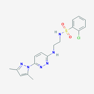 molecular formula C17H19ClN6O2S B504414 2-chloro-N-(2-((6-(3,5-dimethyl-1H-pyrazol-1-yl)pyridazin-3-yl)amino)ethyl)benzenesulfonamide 