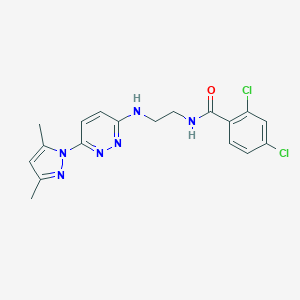 molecular formula C18H18Cl2N6O B504468 2,4-dichloro-N-(2-((6-(3,5-dimethyl-1H-pyrazol-1-yl)pyridazin-3-yl)amino)ethyl)benzamide 