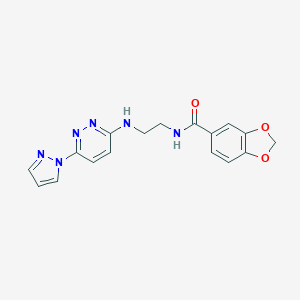 molecular formula C17H16N6O3 B504485 N-(2-((6-(1H-pyrazol-1-yl)pyridazin-3-yl)amino)ethyl)benzo[d][1,3]dioxole-5-carboxamide 