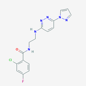 molecular formula C16H14ClFN6O B504488 2-chloro-4-fluoro-N-(2-{[6-(1H-pyrazol-1-yl)-3-pyridazinyl]amino}ethyl)benzamide 
