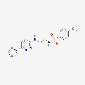 molecular formula C16H18N6O3S B504492 4-methoxy-N-(2-{[6-(1H-pyrazol-1-yl)-3-pyridazinyl]amino}ethyl)benzenesulfonamide 