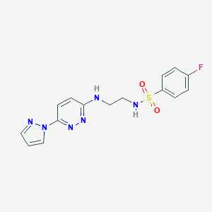 molecular formula C15H15FN6O2S B504496 4-fluoro-N-(2-{[6-(1H-pyrazol-1-yl)-3-pyridazinyl]amino}ethyl)benzenesulfonamide 