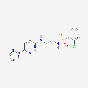 molecular formula C15H15ClN6O2S B504508 2-chloro-N-(2-{[6-(1H-pyrazol-1-yl)-3-pyridazinyl]amino}ethyl)benzenesulfonamide 